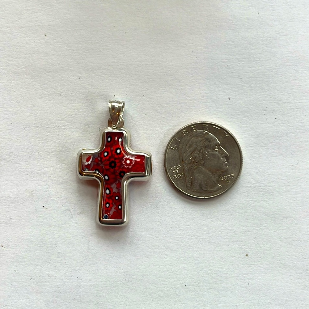 Red Murano glass and sterling silver cross pendant